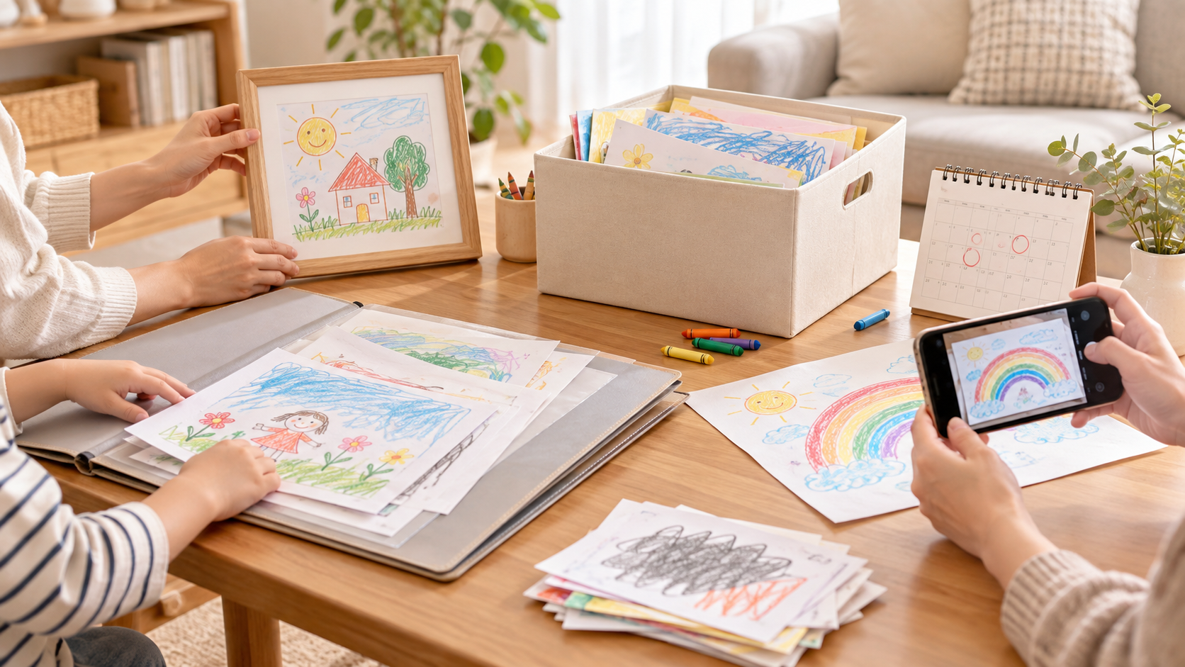 子どもの絵を額に飾り、収納ボックスやファイルに整理して写真で残す様子